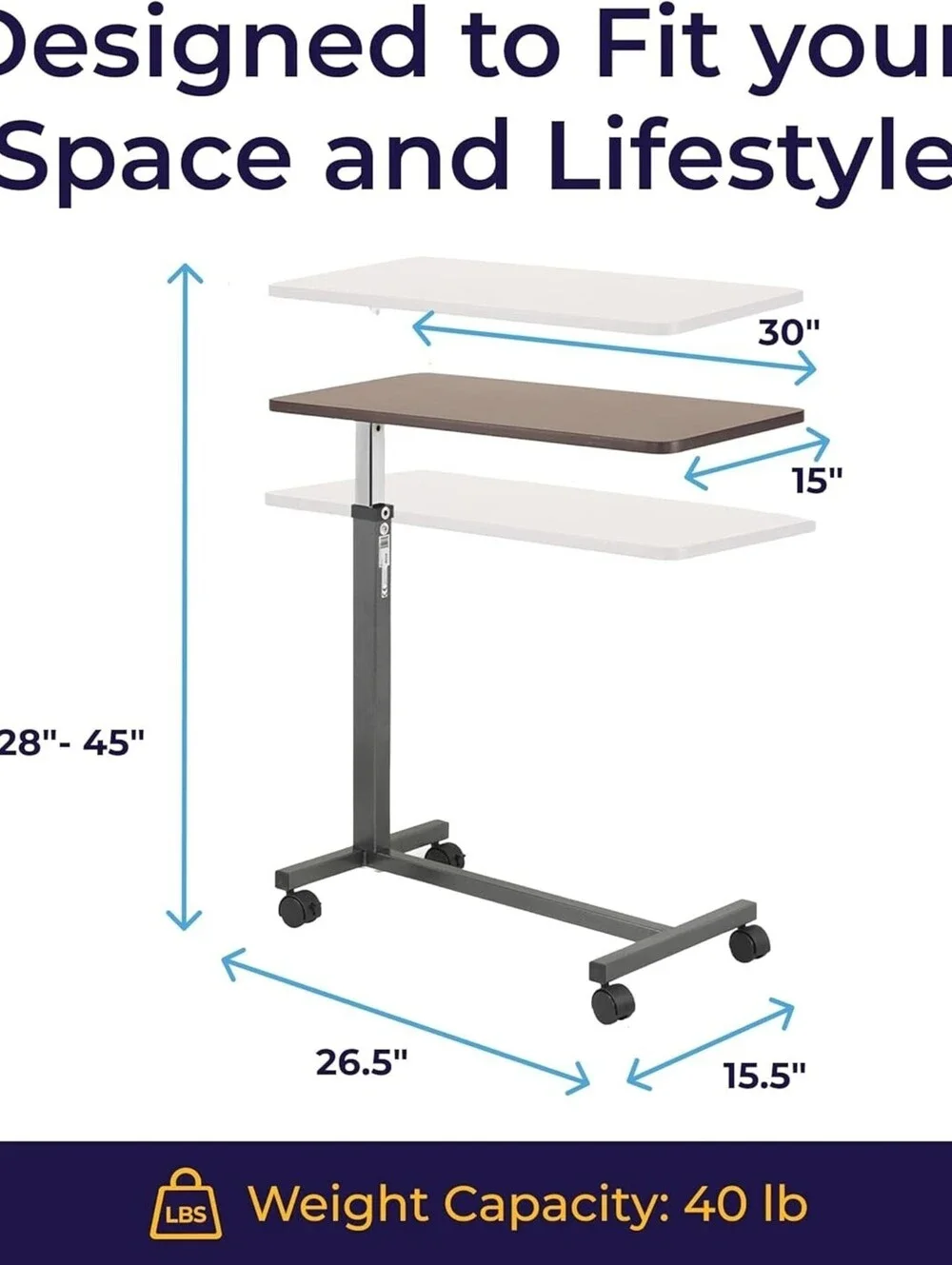 Drive Medical Overbed Table with Wheels - Silver Vein